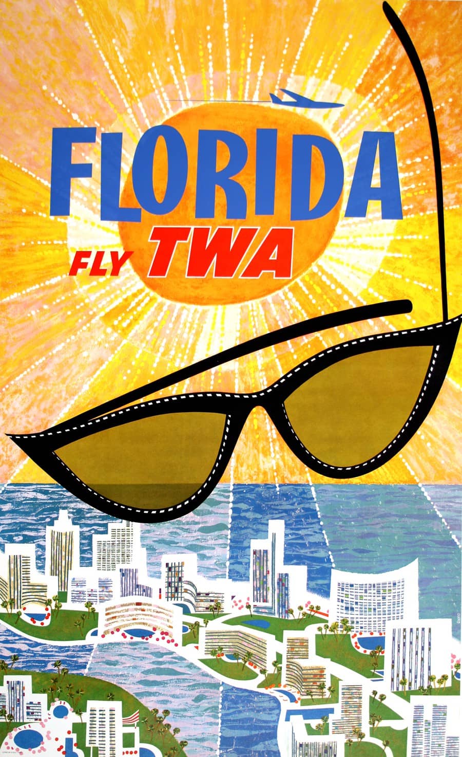 Original Vintage Fly TWA Florida Poster by David Klein c1960
