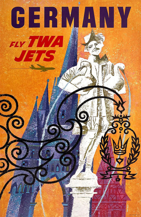Original Vintage David Klein TWA Germany Poster C1960 Small Format - Rare