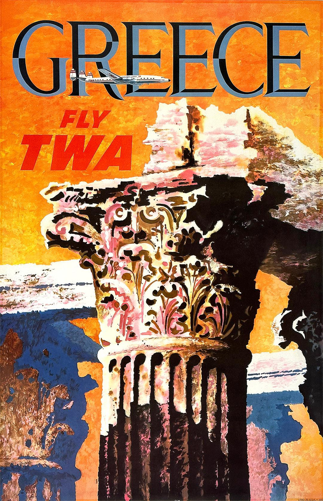 Original Vintage Fly TWA Greece Poster by David Klein Parthenon Constellation