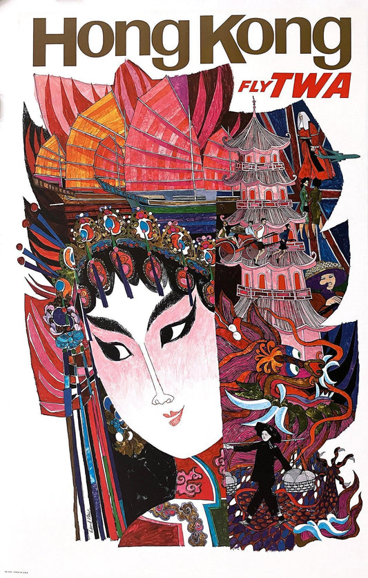 Original Vintage David Klein Fly TWA Hong Kong Poster c1960