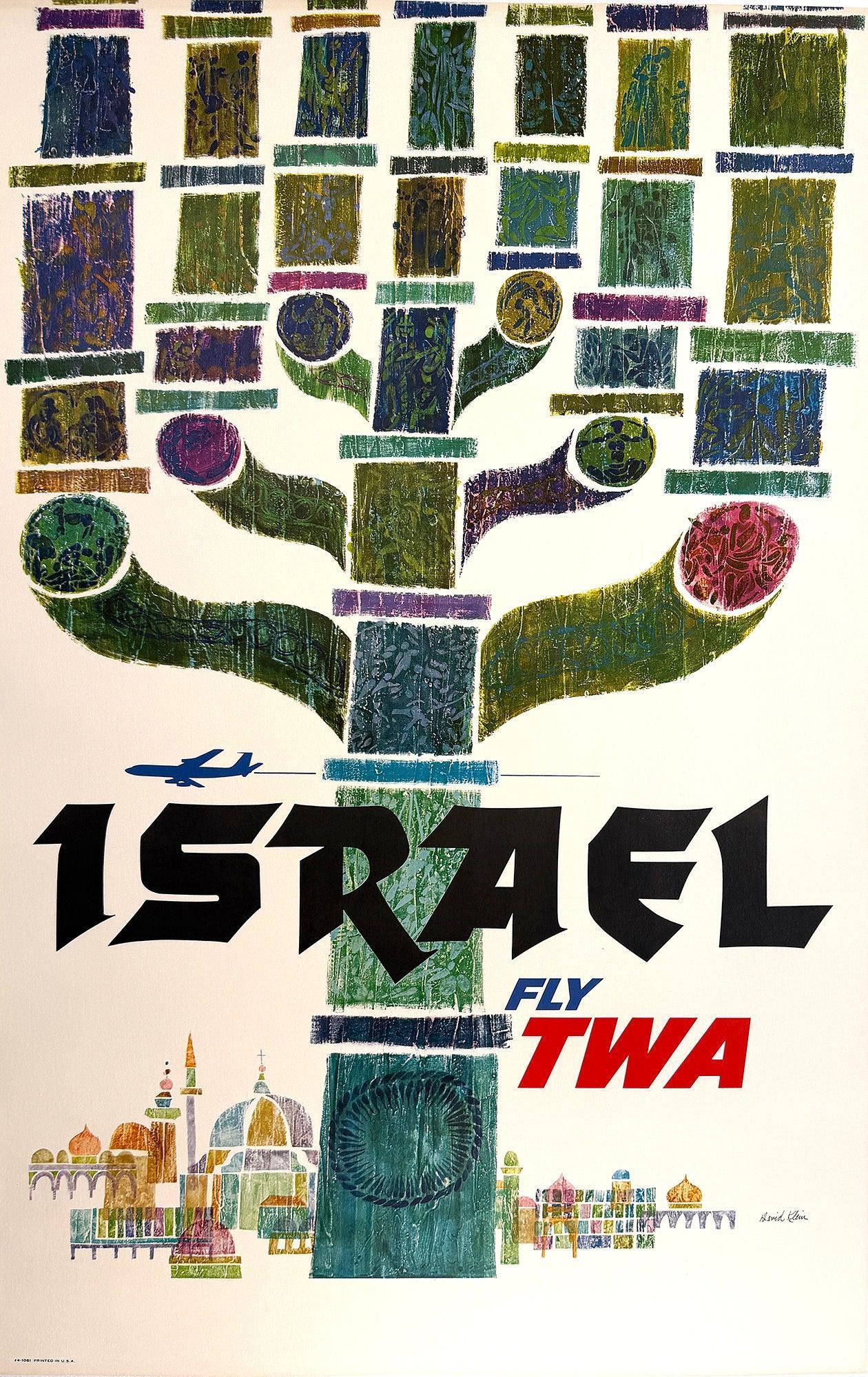 Original Vintaqe Fly TWA - Israel Menorah Poster- David Klein c1960