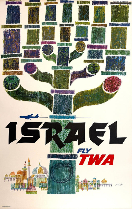 Original Vintaqe Fly TWA - Israel Menorah Poster- David Klein c1960
