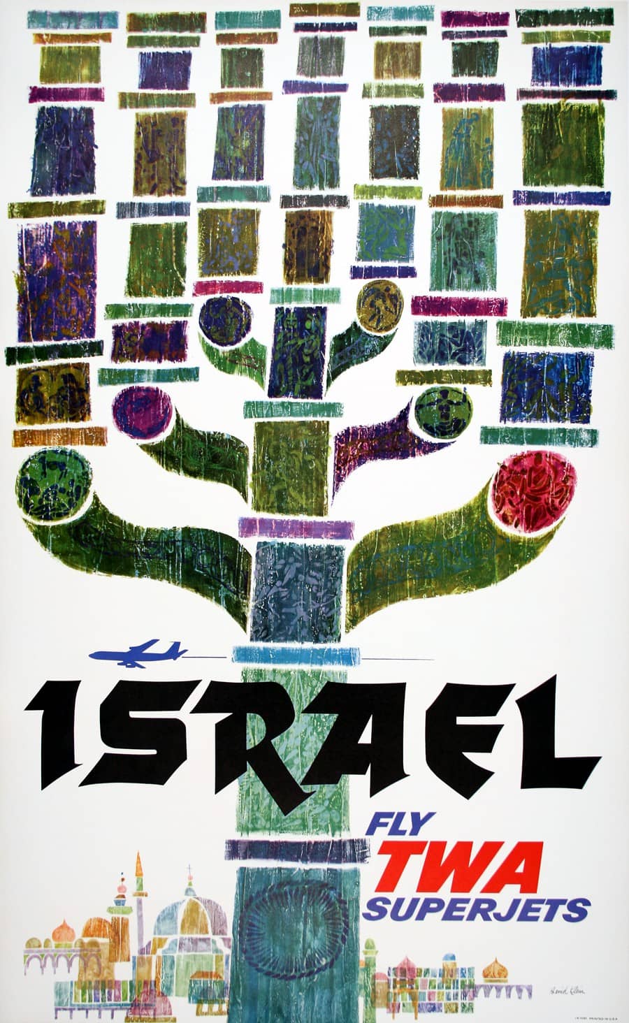 Original Fly TWA to Israel - Menorah Poster by David Klein C1960