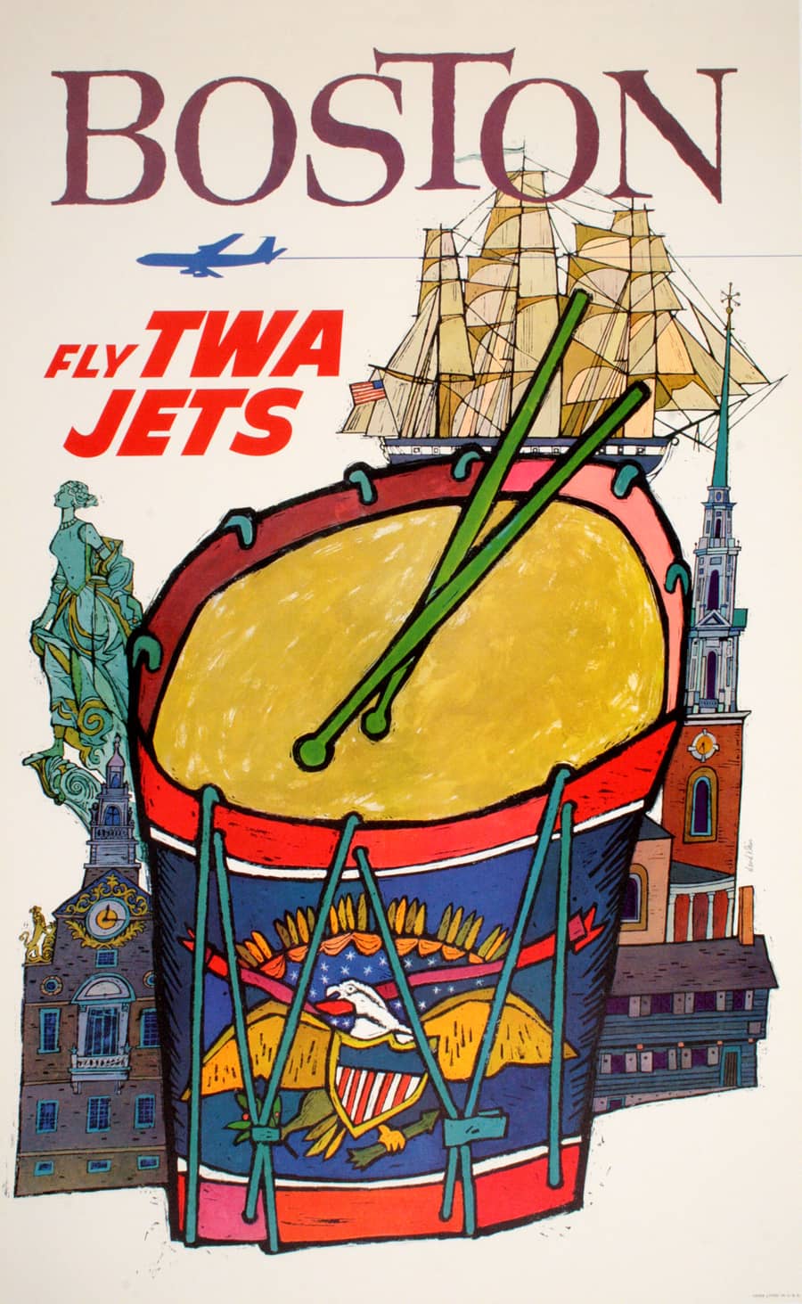 Original Vintage David Klein 1950's Poster - Fly TWA Boston