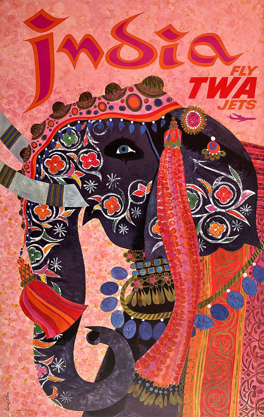 Original Vintage Fly TWA Jets India Pink Elephant Poster by David Klein c1960