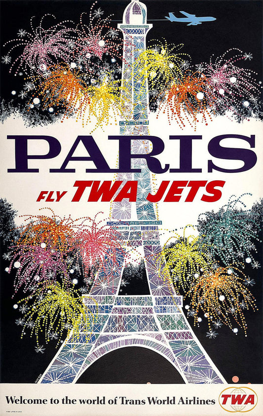 Original Vintage Fly TWA Jets Paris Poster by David Klein Eiffel Tower France