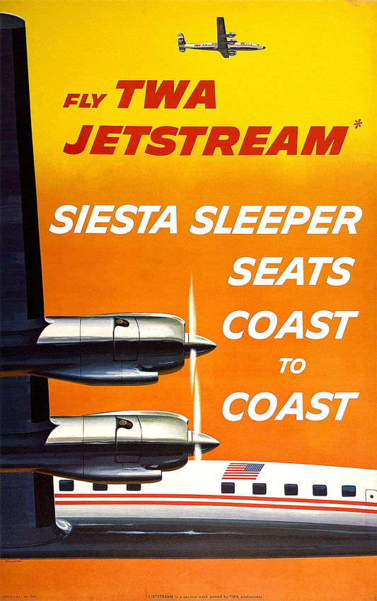 Original Vintage Rare Fly TWA Jetstream Siesta Sleeper Poster by Frank Soltesz 1957