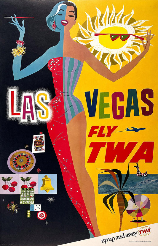 Original David Klein Fly TWA - Las Vegas Up Up and Away Poster c1960
