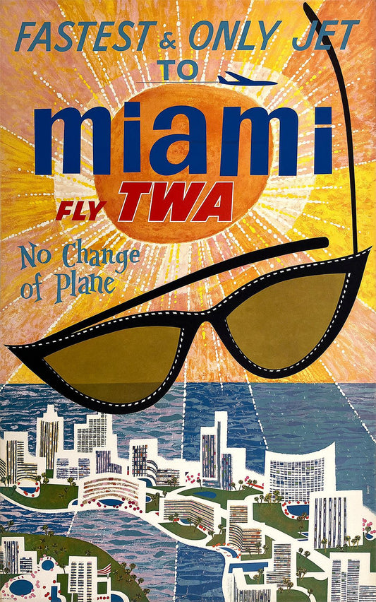 Original Vintage Fly TWA Miami Fastest and Only Jet by David Klein c1960