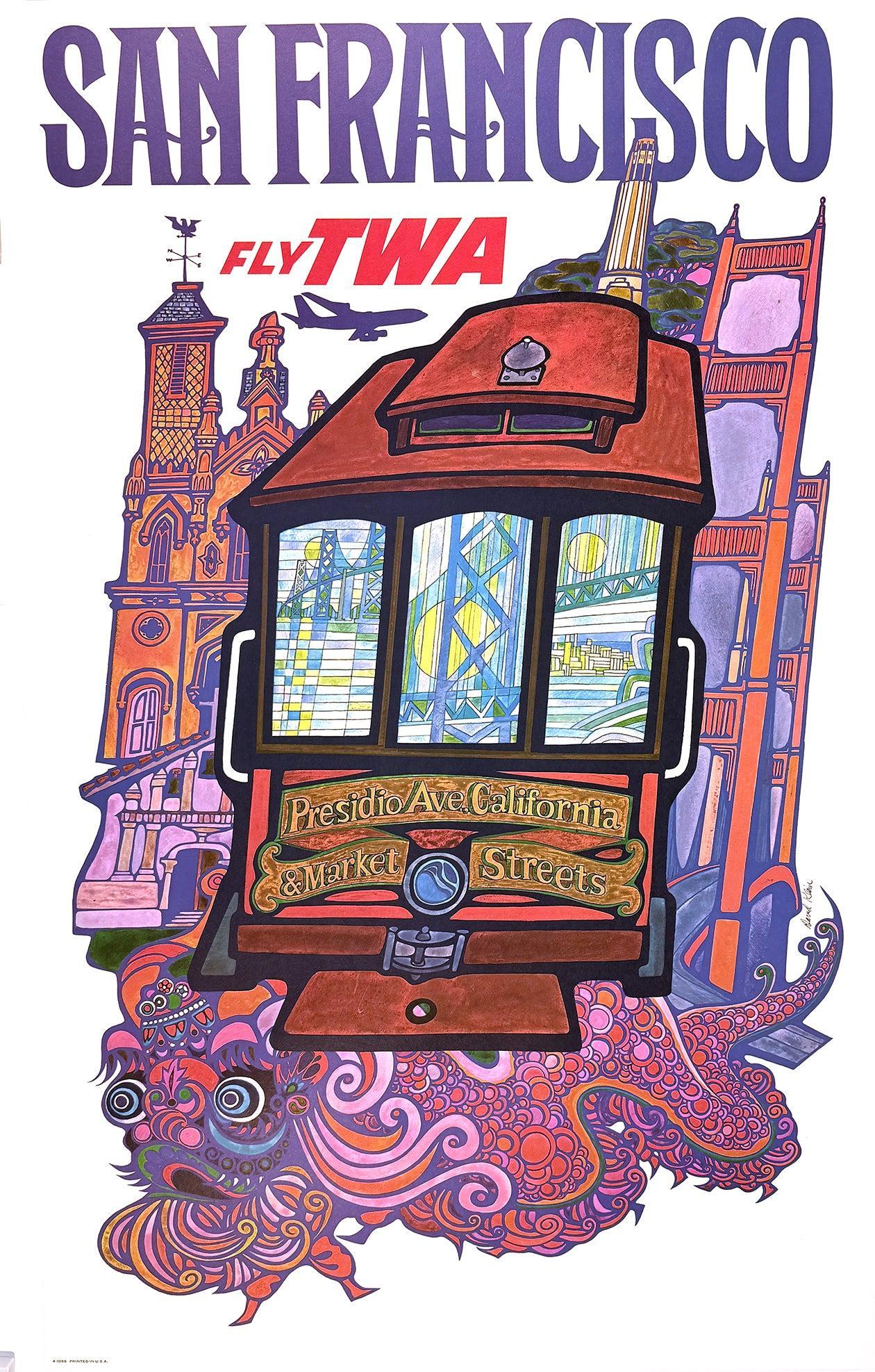 Original Vintage David Klein Fly TWA San Francisco Presidio Poster C1965
