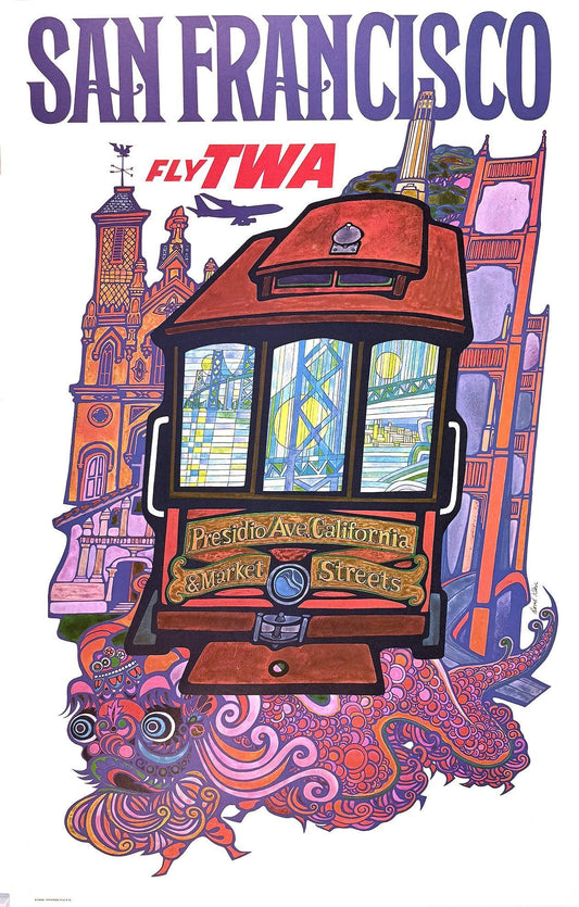 Original Vintage David Klein Fly TWA San Francisco Presidio Poster C1965