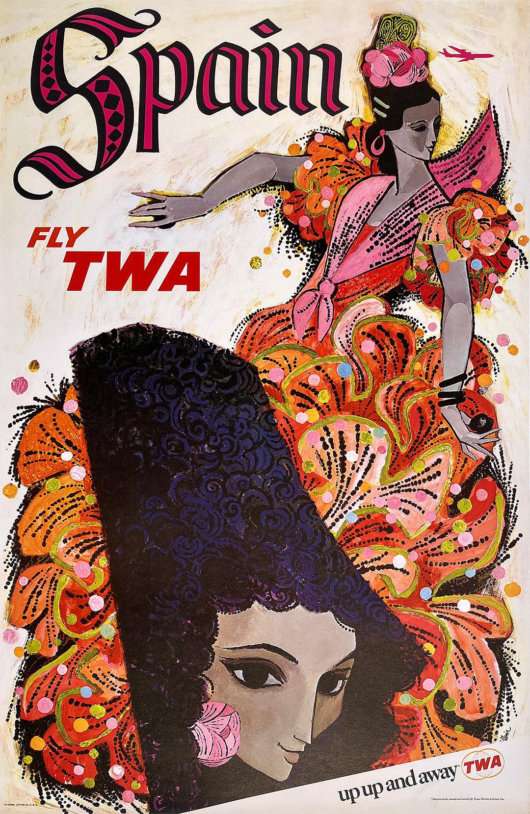 Original Vintage TWA Spain Up Up and Away Poster by David Klein c1955