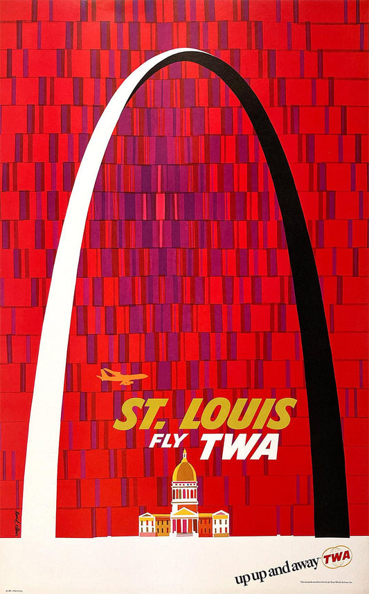 Original Vintage Fly TWA St Louis Poster by David Klein c1965 Up Up and Away Arch
