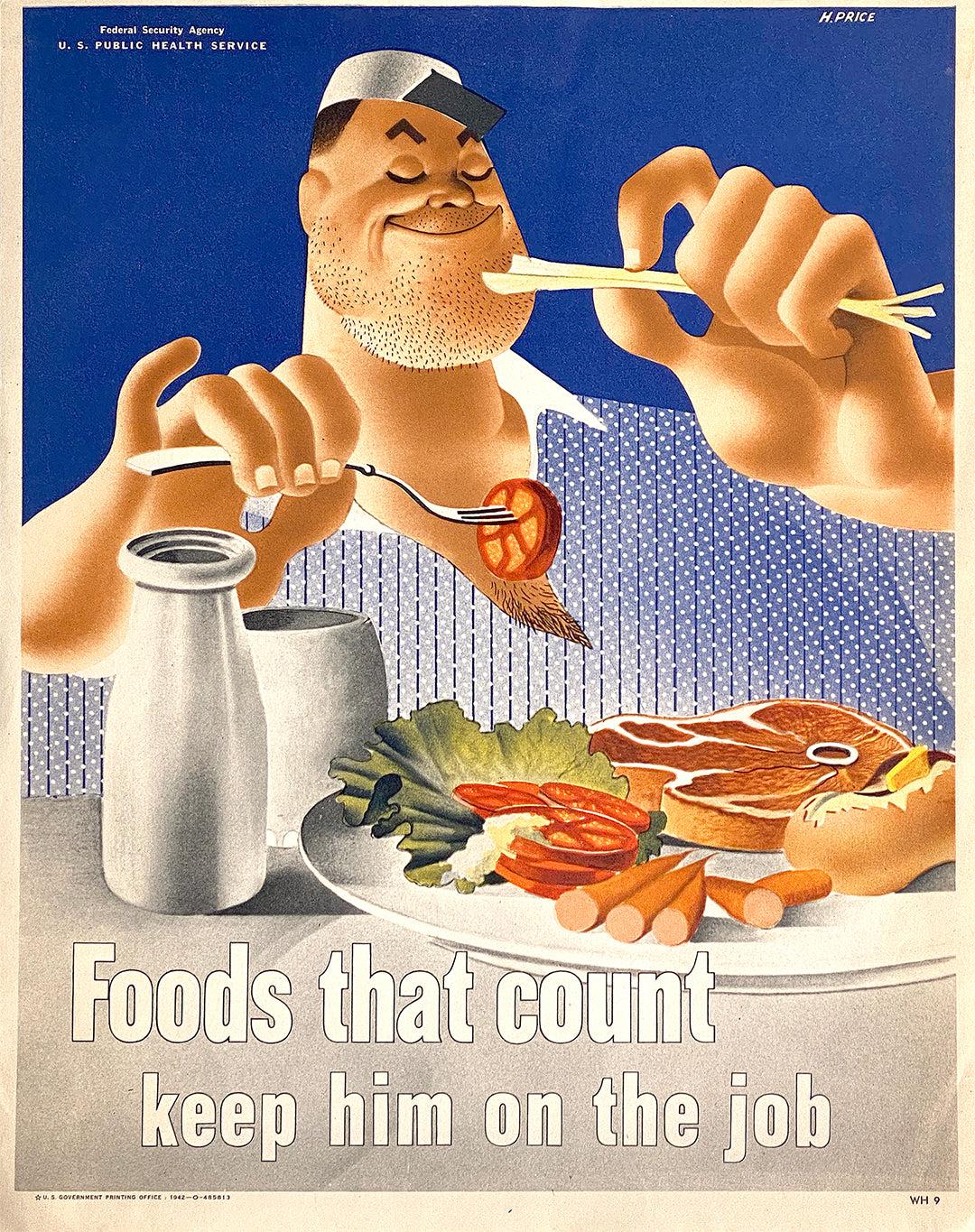 Original Vintage WWII Poster Foods that Count Keep Him on the Job by Price