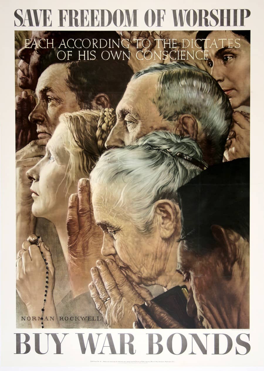 Freedom of Worship by Norman Rockwell 1943 - Original Vintage Poster in Large Format