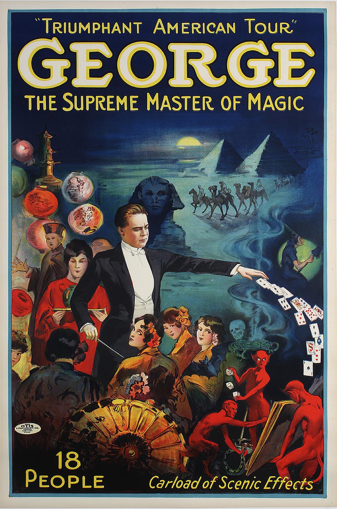 Original Vintage Magic Poster George The Supreme Master of Magic Card Tricks c1929