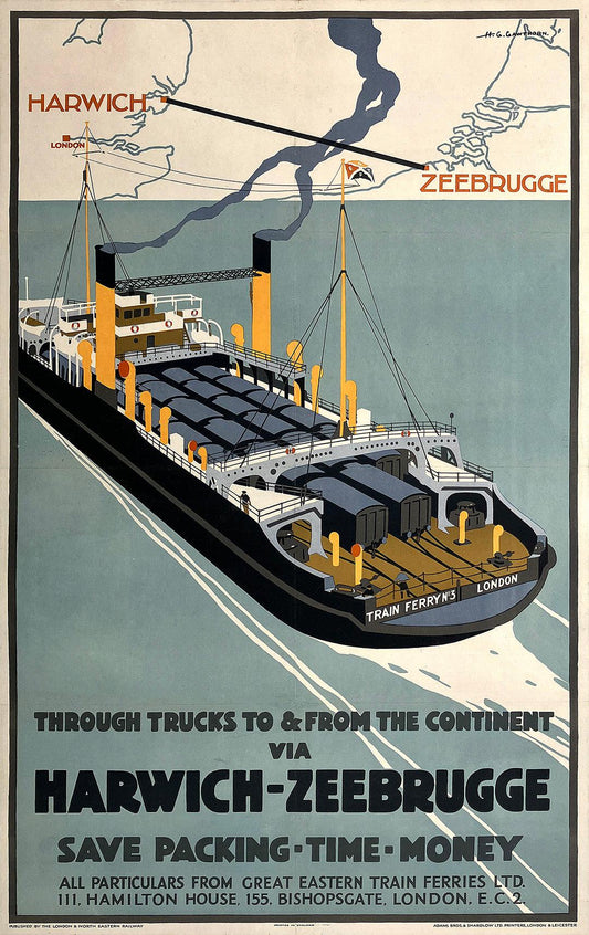 Original Vintage Poster Harwich Zeebrugge - Saves Packing Time Money by H.G. Gawthorn