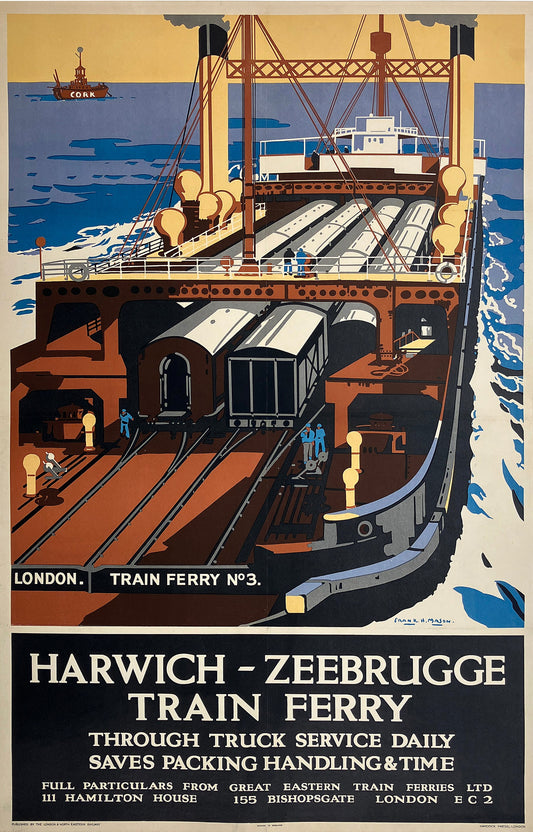 Original Vintage Poster Harwich Zeebrugge - Train Ferry No 3 - Black  - by Frank Henry Mason c1930