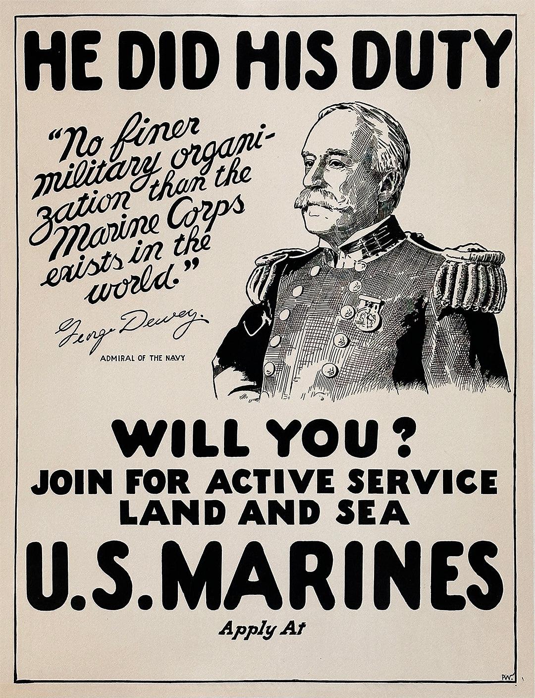 Original Vintage WWI Marines Poster He Did His Duty Dewey c1916