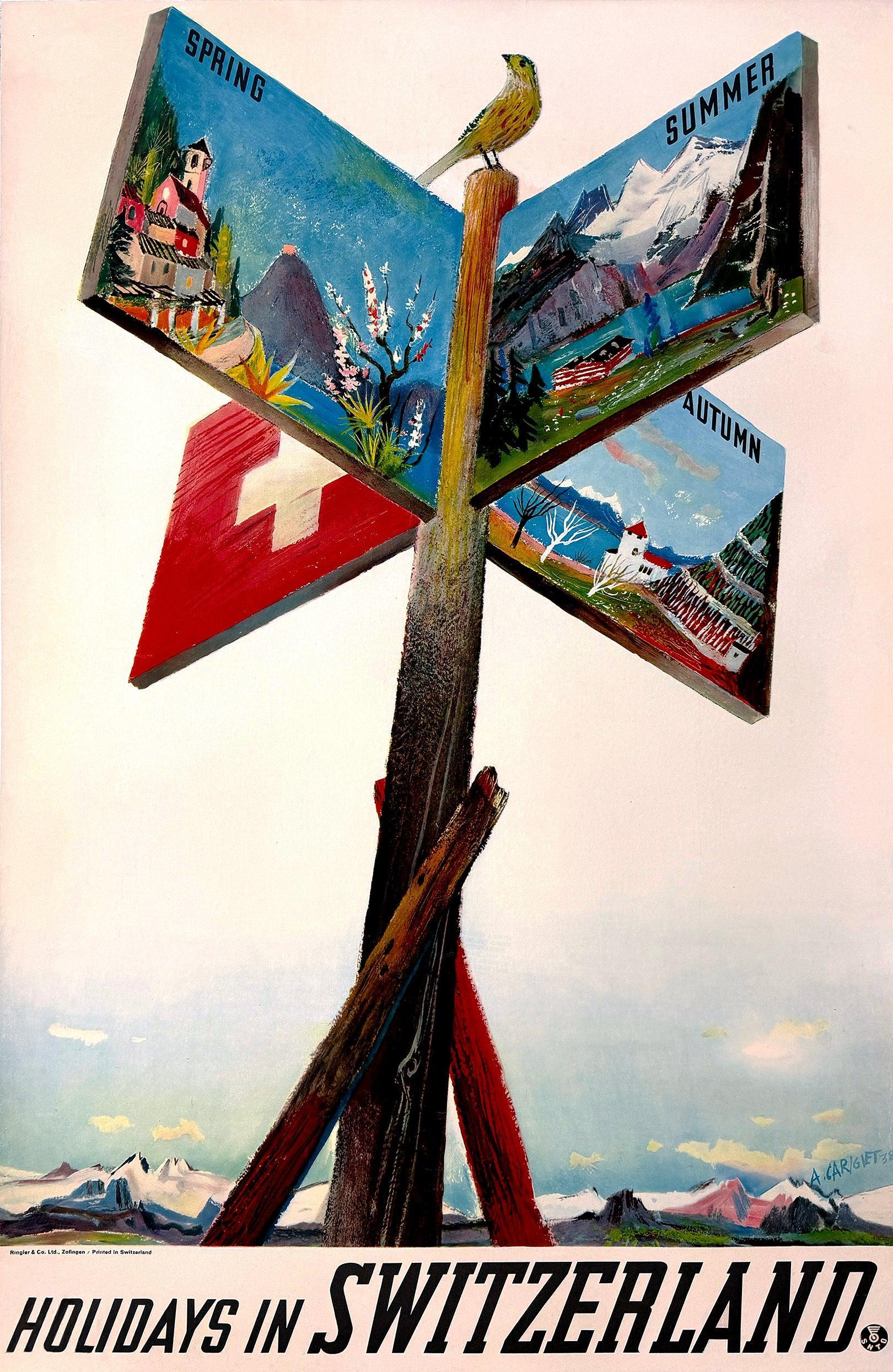 Original Vintage Holidays in Switzerland Poster 1938 by Alois Carigiet