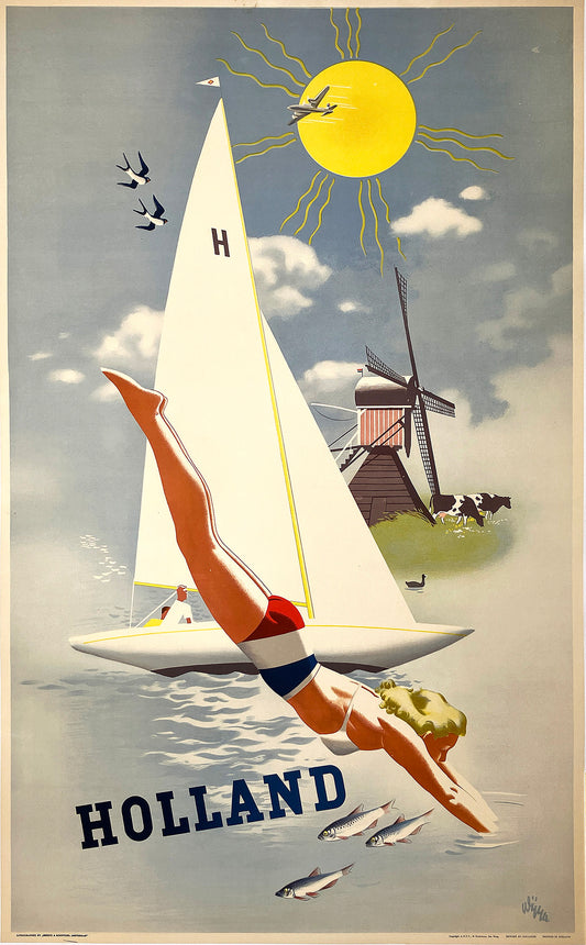 Original Vintage Holland Travel Poster Woman DIver & Sailboat C1950