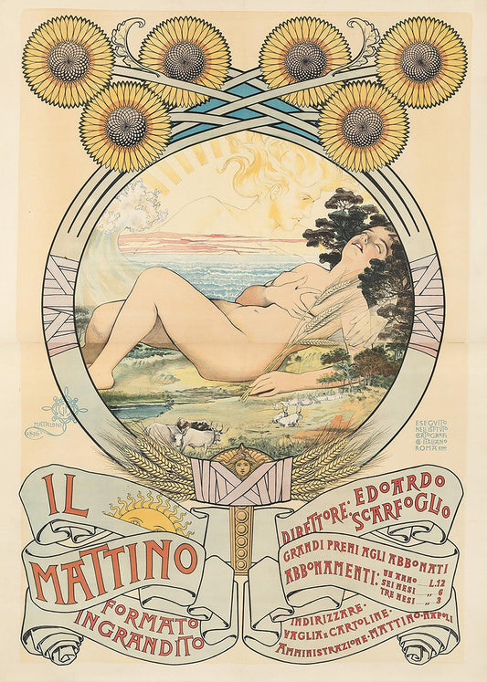 Original Vintage Il Mattino Newspaper Poster by Giovanni Mataloni 1896 Nude Italian