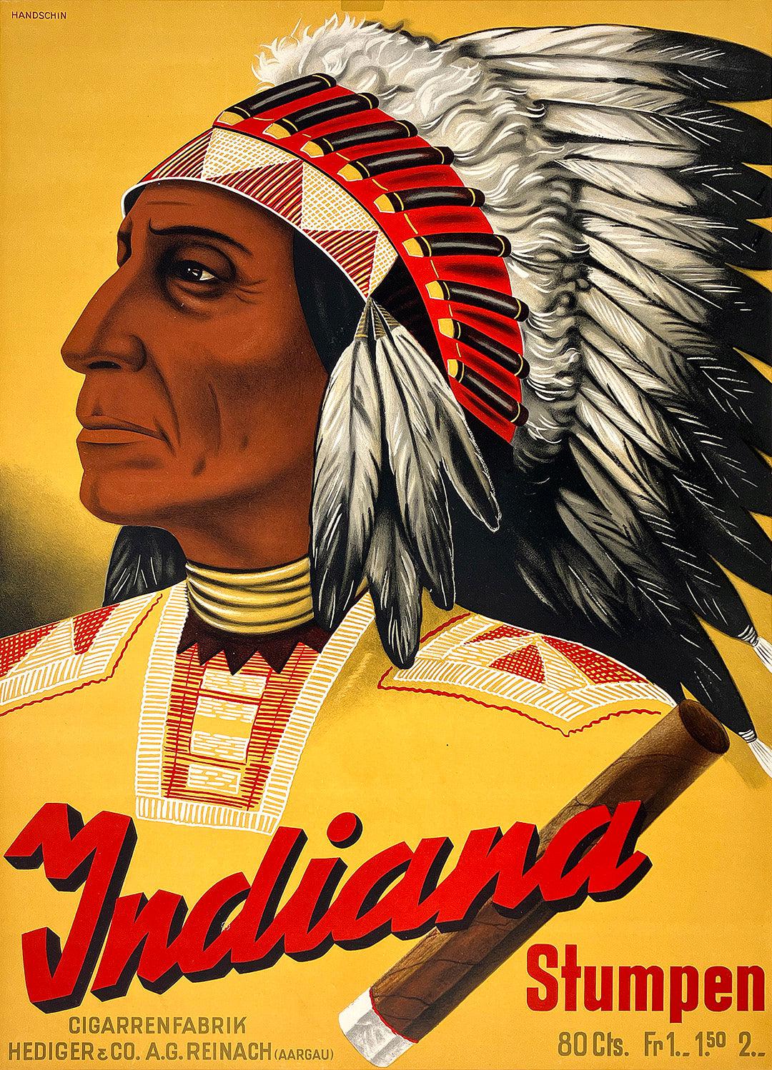 Original Swiss Indiana Stumpen Cigar Poster by Handschin C1940