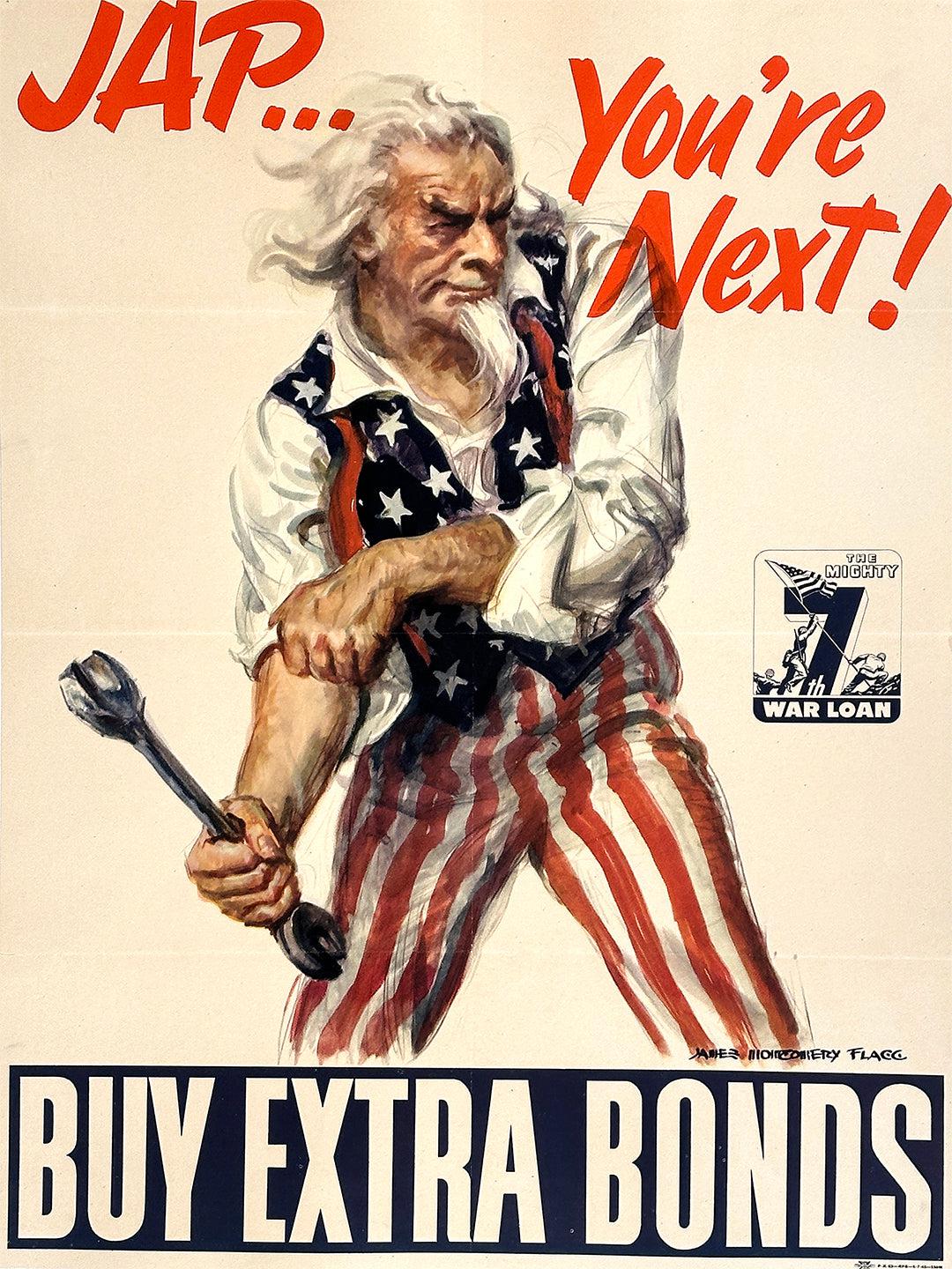 Original Vintage WWII Poster Jap You're Next Buy Extra Bonds James Montgomery Flagg 1942 Large