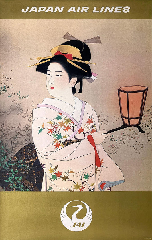 Original Vintage Japan Air Lines Woman in Beige Kimono Poster by Shunsui Ito c1