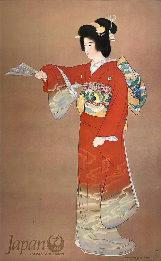 Origiinal Vintage Japan Air Lines Poster Woman in Red Kimono on Beige C1960
