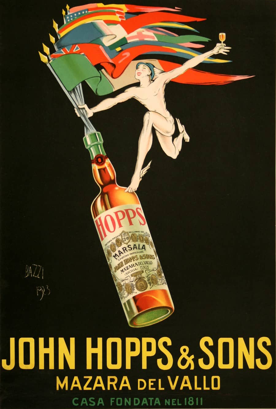 Original Vintage Italian John Hopps Poster 1923 by Bazzi for Marsala Wine