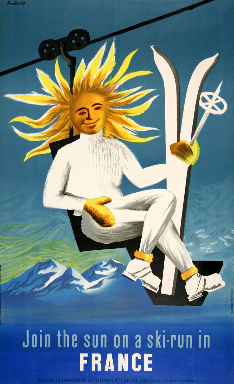Original Vintage Join The Sun on a Ski Run in France Poster by Jacques Dubois 