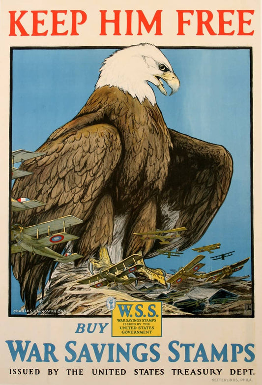 Original Vintage WWI Keep Him Free War Savings Stamps Poster by Livingston Bull 1918