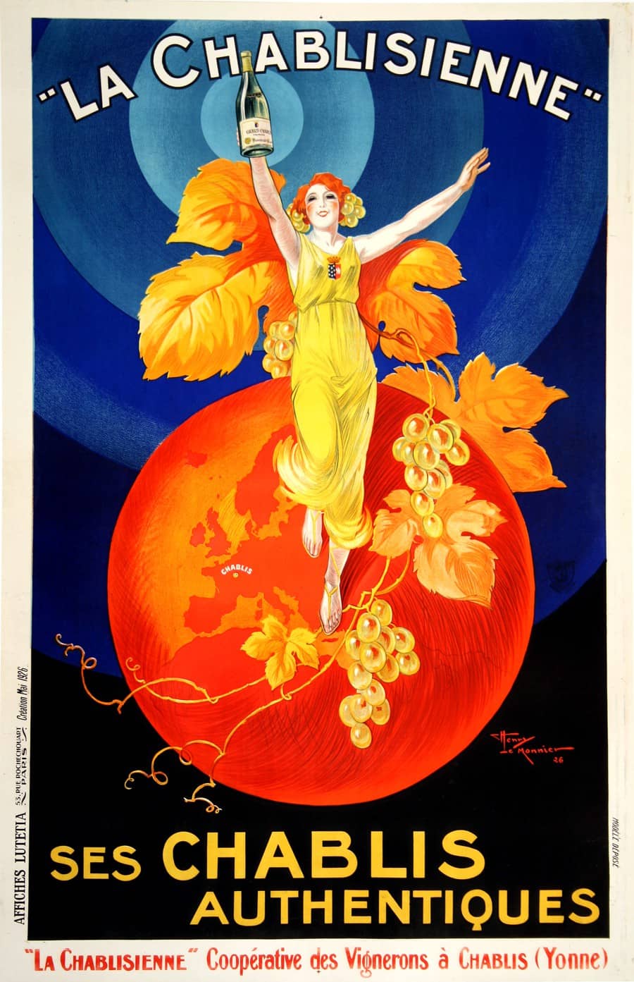 Original Vintage Chablisienne Wine Poster by Henri le Monnier 1926