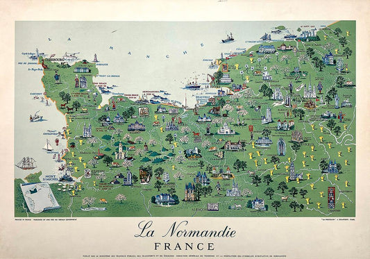 Original Vintage French Pictorial Map La Normandie by Hetreau 1955 France