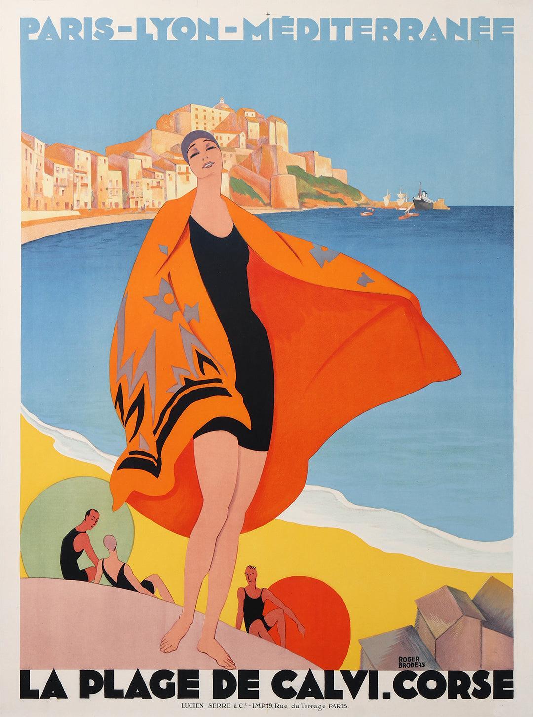 Original Vintage Roger Broders Art Deco La Plage de Calvi PLM Corse Poster 1928 Corsica
