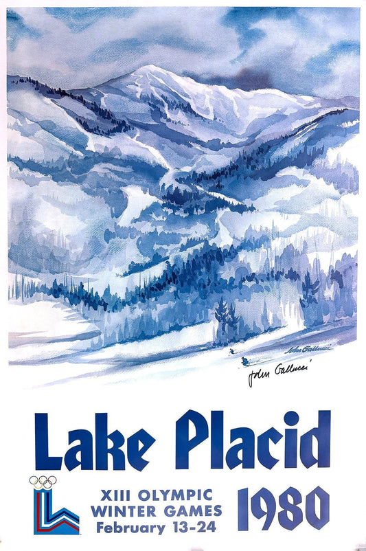 Original Lake Placid Winter Olympics 1980 - Mountain Text lVintage Poster Hand Signed by John Gallucci