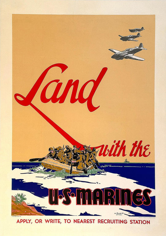 Original Vintage WWII Poster Land with the Marines USMC by Vic Guinness 1942