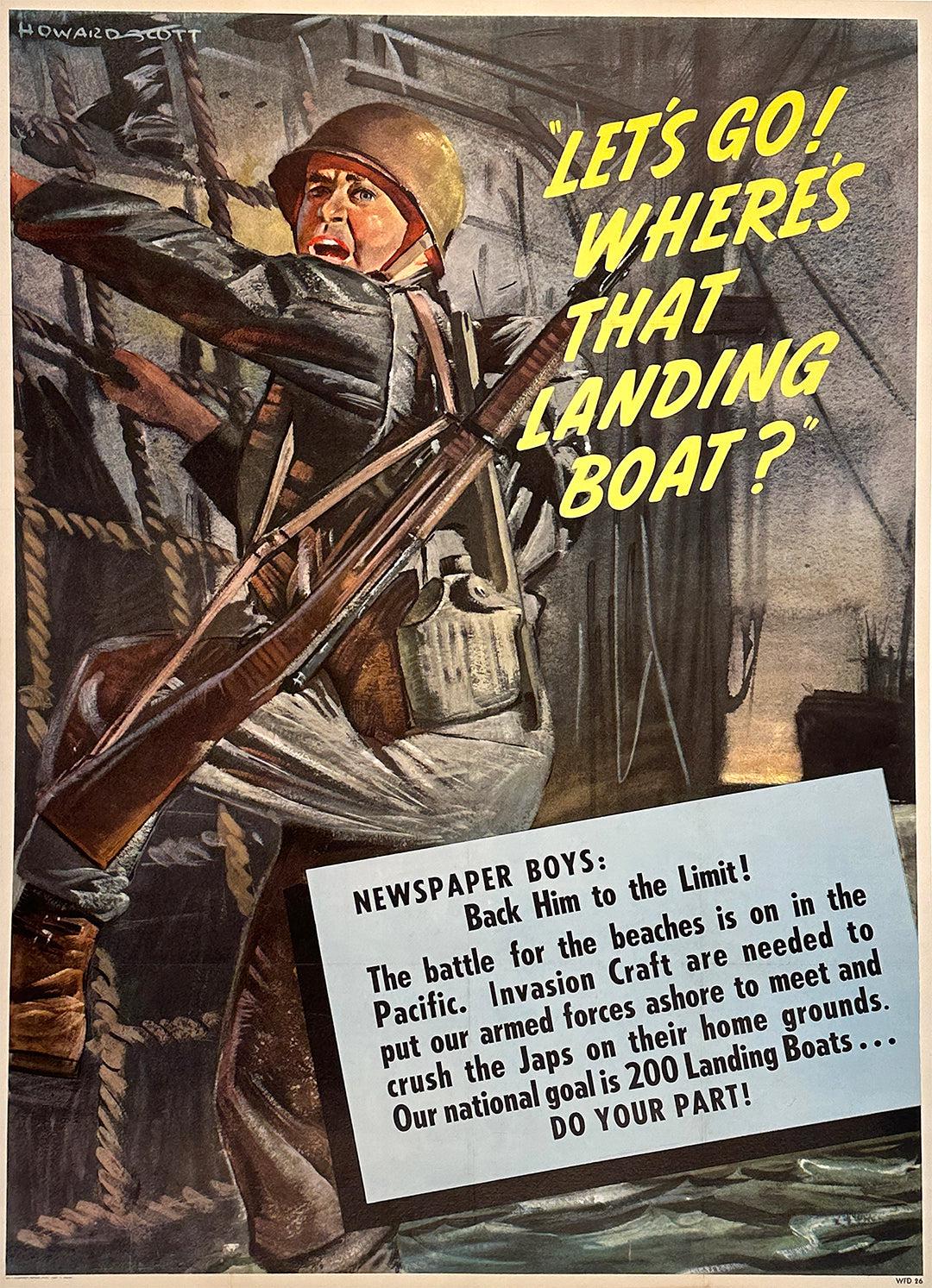 Original Vintage WWII Production Poster Let's Go Landing Boat by Howard Scott 1945