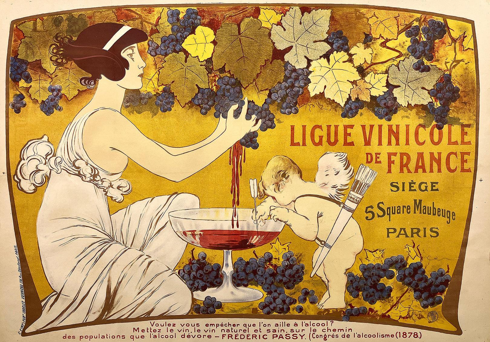 Original Vintage Ligue Vinicole de France Pooster by Manuel Orazi 1901