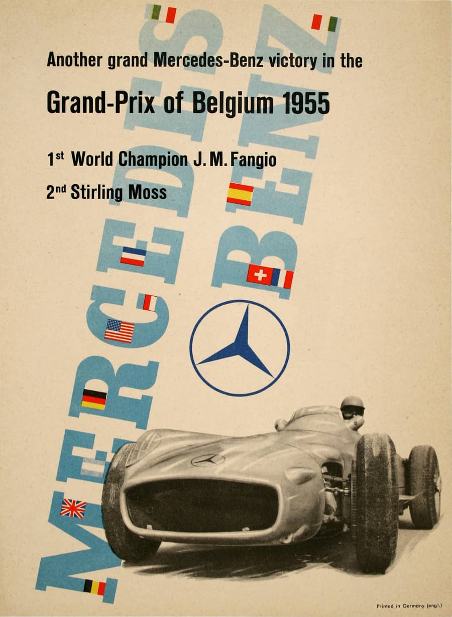 Original Mercedes Benz 1955 Grand Prix Belgium Poster - Fangio by Stankowski