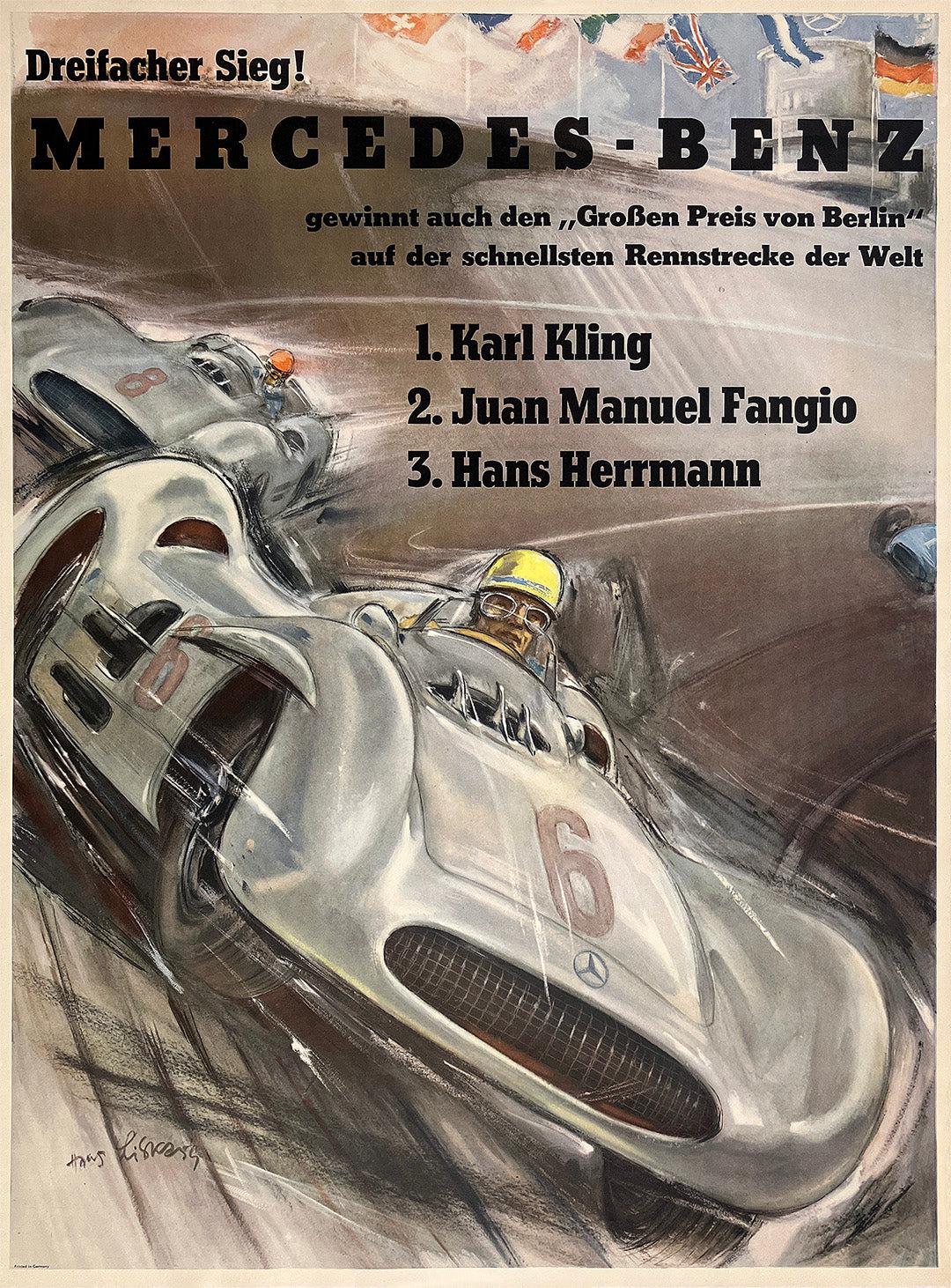 Original Vintage Mercedes Benz Poster 1952 Berlin Grand Prix by Hans Liska