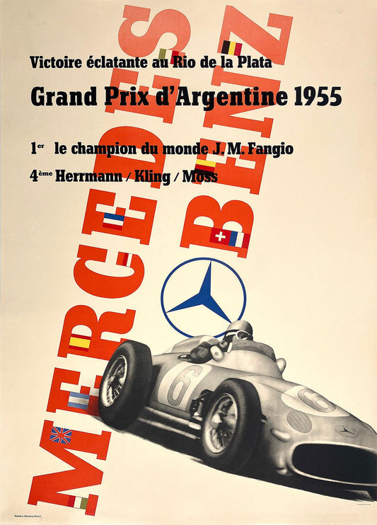 Original Vintage Mercedes Benz Car Racing Poster Grand Prix d'Argentine 1955 Anton Stankowski