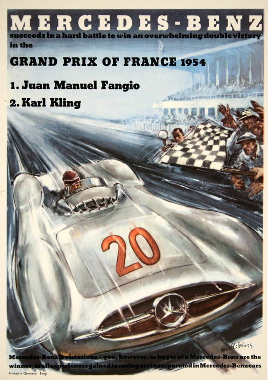 Original Vintage Mercedes Benz Formula One Poster 1954 French Grand Prix Hans Liska