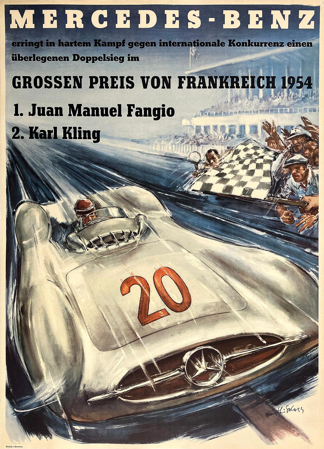 Original Vintage Mercedes Benz Poster Grossen Preis von Frankreich 1954 French Grand Prix Hans Liska