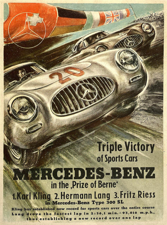 Original Vintage Mercedes Benz Poster Hans Liska Triple Victory 1952 Formula One Grand Prix