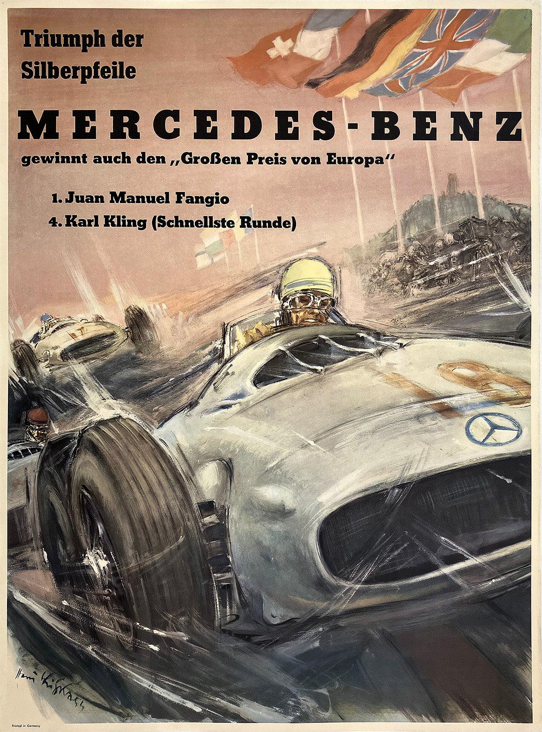 Original Vintage Mercedes Benz Triumph der Silberpfeile by Hans Liska 1954 Grand Prix Formula One