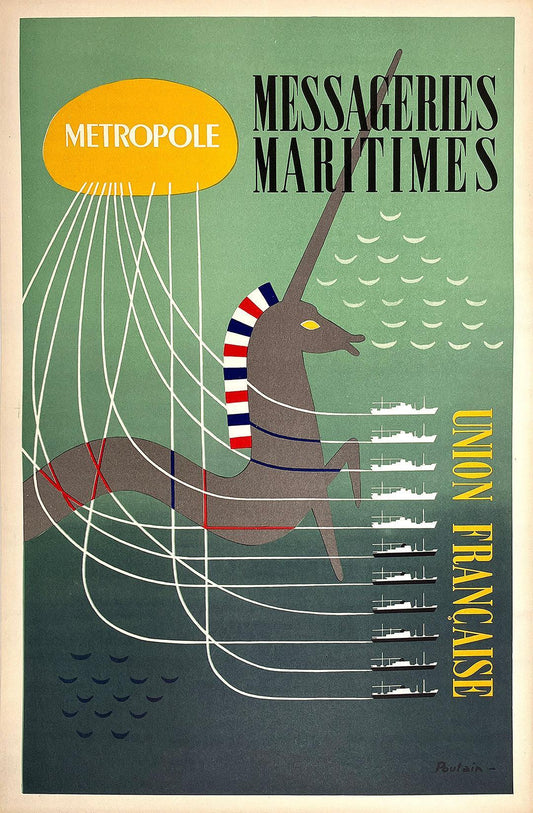 Original Vintage Messageries Maritimes Metropole Poster Sea Horse c1950