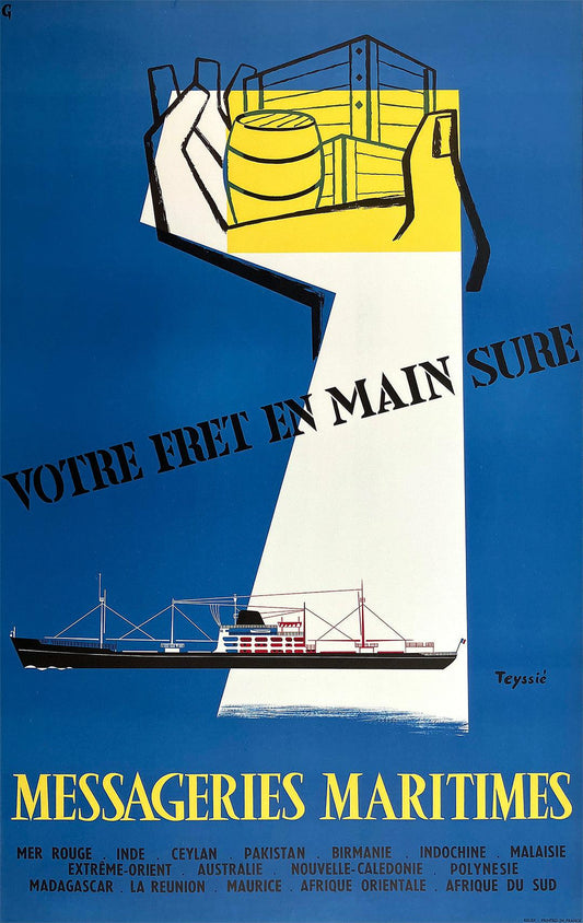 Original Vintage Messageries Maritimes Poster Votre Fret en Main Sure Freight Shipping c1950