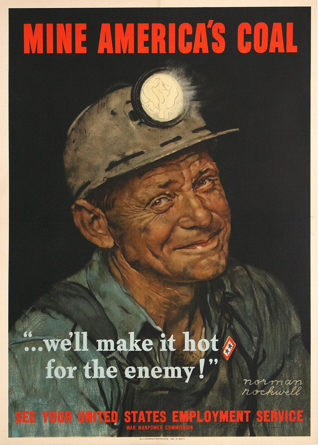Original Vintage Norman Rockwell WWII Poster Mine America's Coal 1944 Small